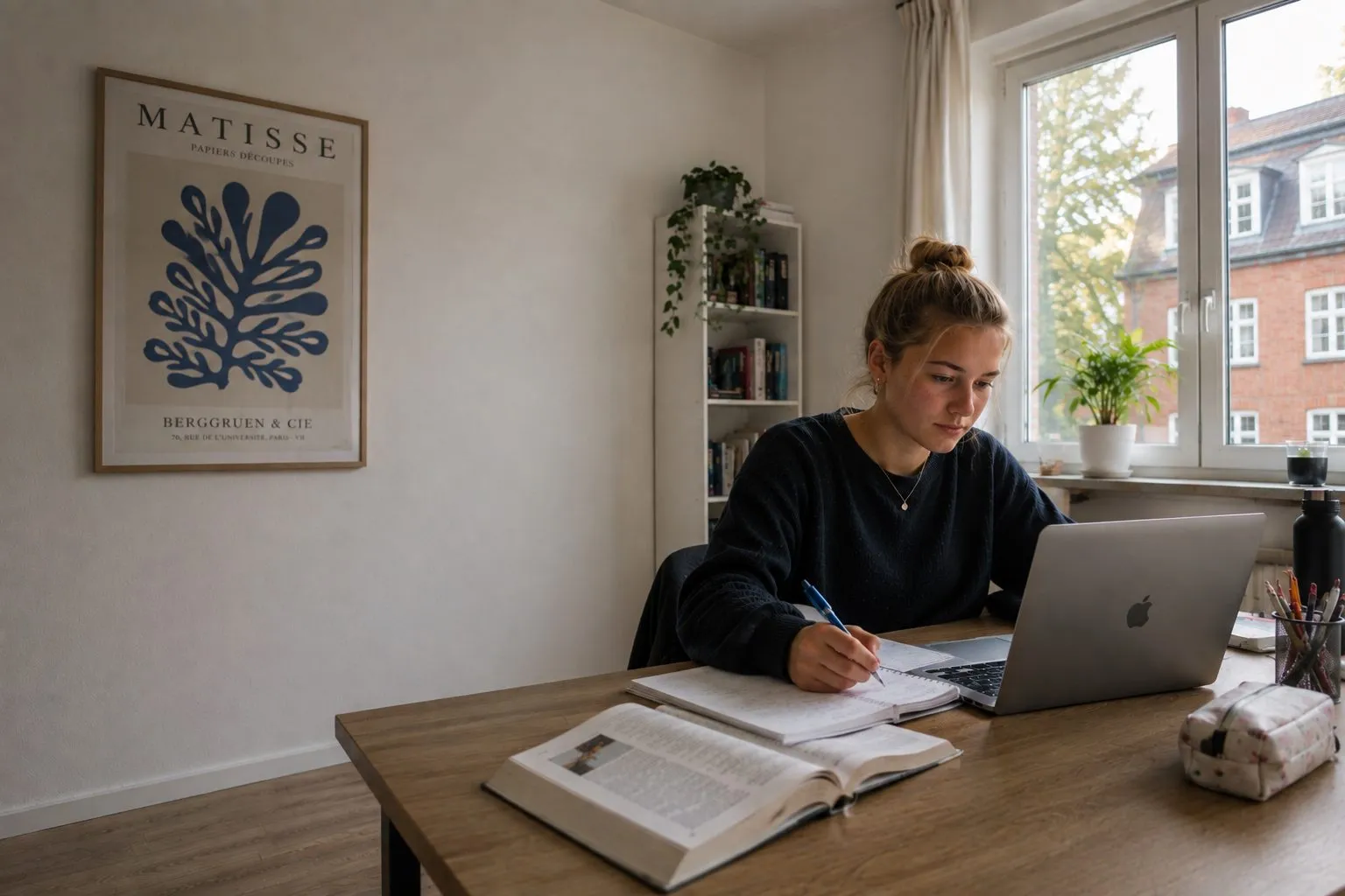 A high-school student taking notes beside her laptop