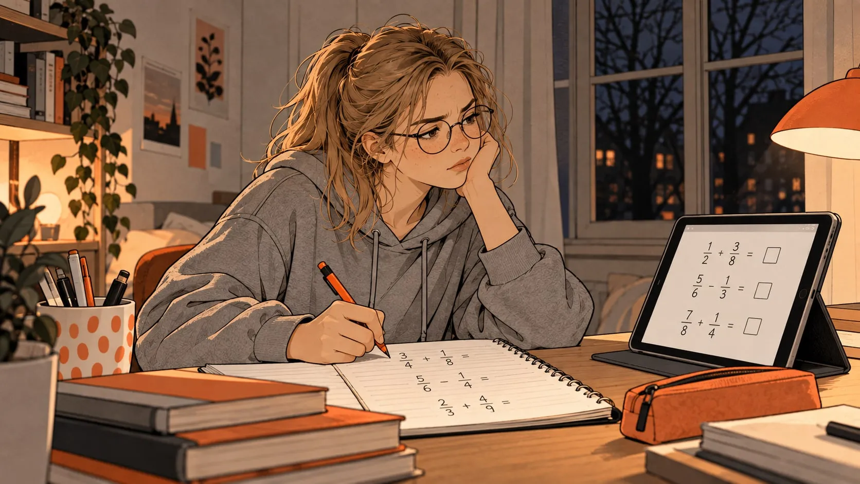 Isabella øver brøker om aftenen