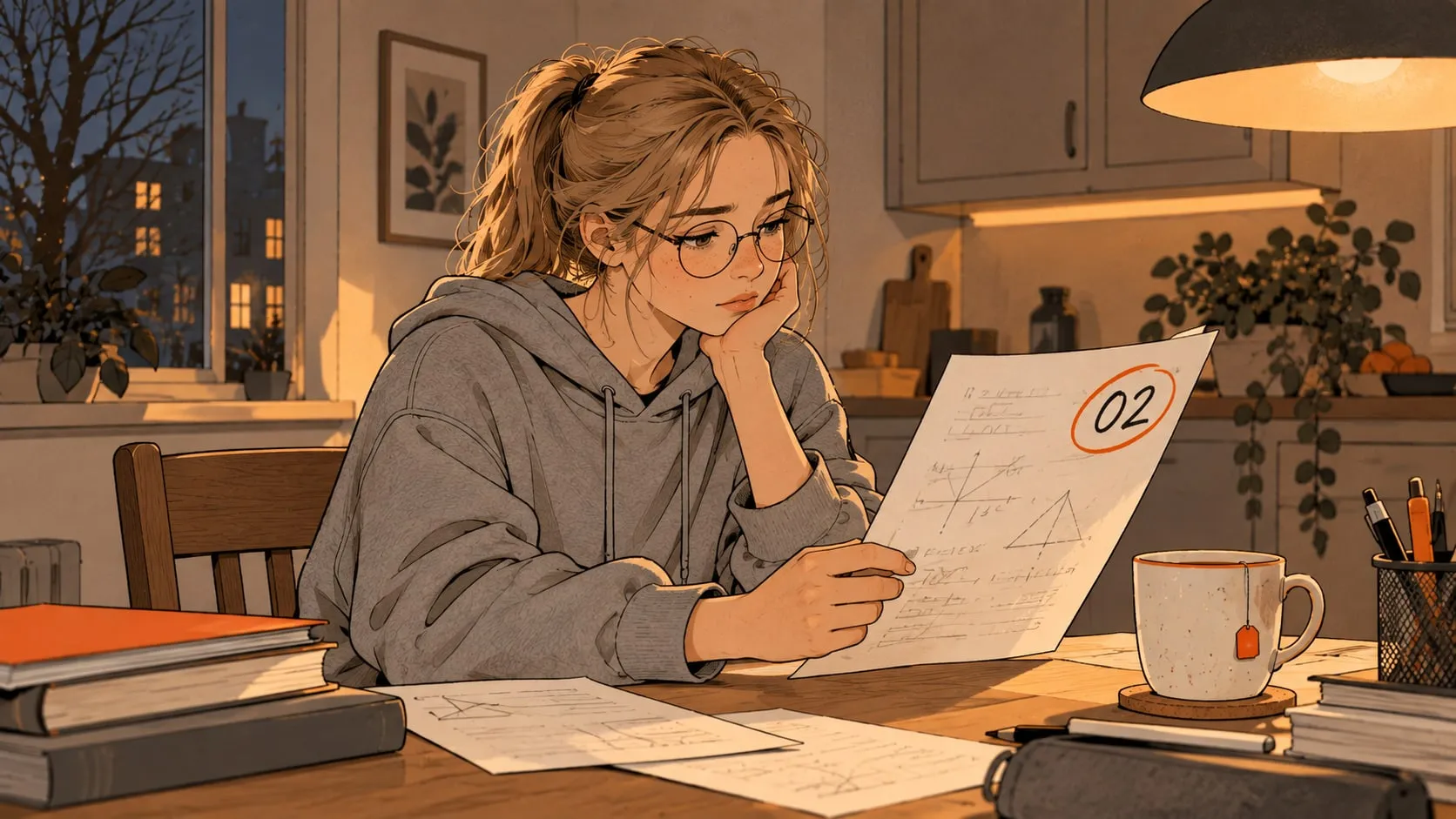 Isabella kigger på sin prøve med karakteren 02