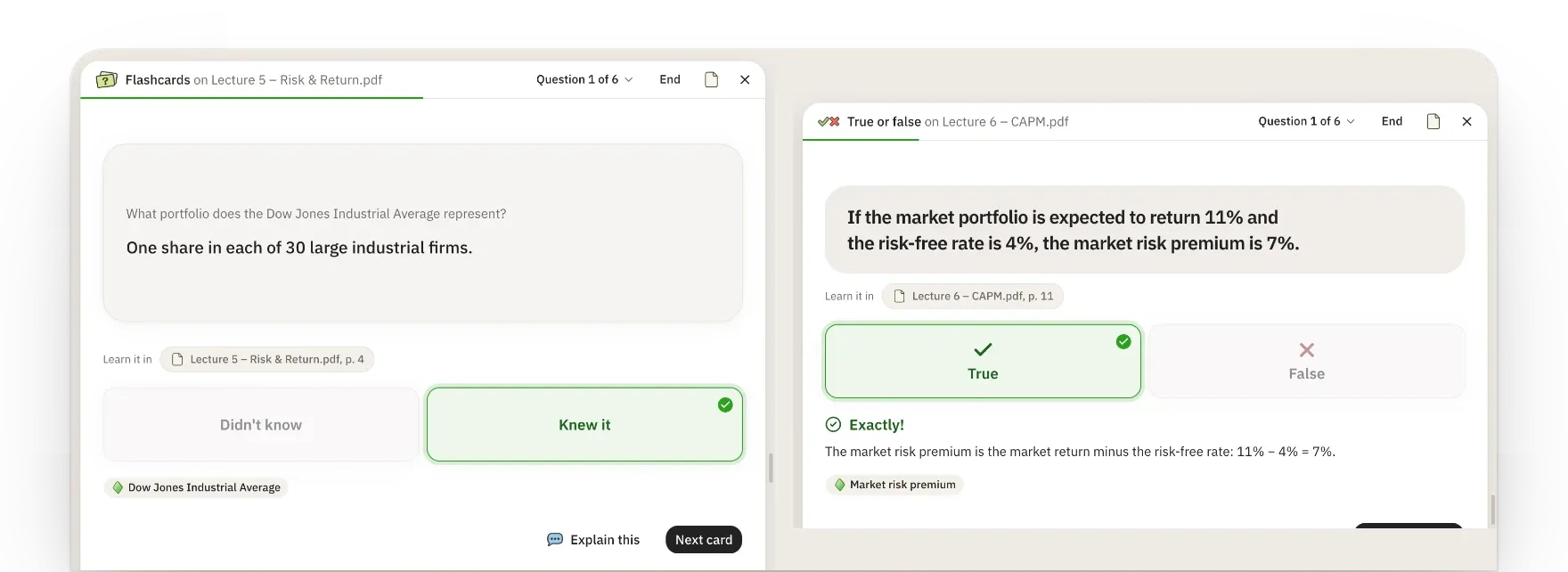 Flashcards and true/false questions in alice labs